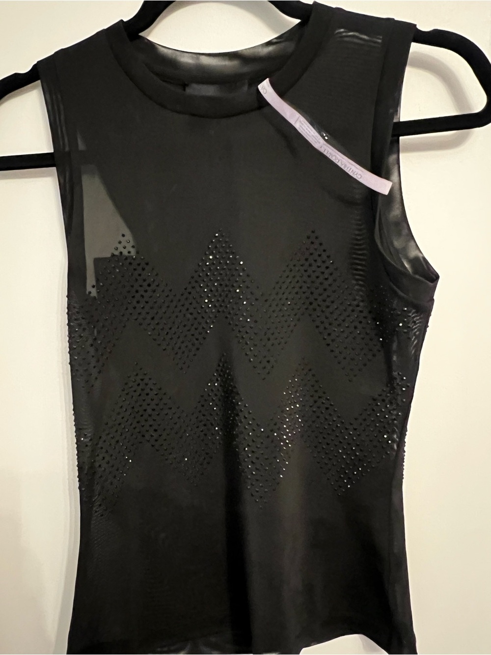 Cynthia Rowley Black Sleeveless Mesh Top with Zigzag Rhinestone Detail; NWT